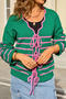 casual slight stretch stripe knitted 4 colors v-neck lace-up sweater_Black_White_Green