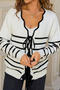 casual slight stretch stripe knitted 4 colors v-neck lace-up sweater_Black_White