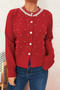 casual slight stretch 6-colors solid color pearl decor knitted cardigan_Dark Gray_Pink_Red