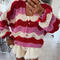 casual slight stretch multicolor wavy stripes knitted cardigan_Pink_Red