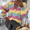casual slight stretch multicolor wavy stripes knitted cardigan_Pink_Red_Yellow