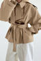 casual non-stretch solid color lapel with belt loose jacket_White_Khaki
