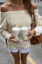 casual slight stretch solid color off shoulder ribbed knit sweaters_White