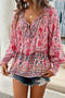 casual non-stretch flower batch printing crew neck blouses_Pink