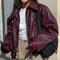 stylish slight stretch pu leather zip-up turndown collar all-match jacket_Black_Rose Red