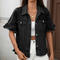casual non-stretch solid color loose single-breasted short-sleeved denim top_Black