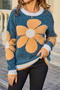 stylish slight stretch color-block flower jacquard knitted all-match sweater_Orange_Haze Blue