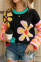 stylish slight stretch flower and stripe jacquard knitted all-match sweater_Black