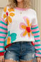 stylish slight stretch flower and stripe jacquard knitted all-match sweater_Black_White