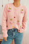 casual slight stretch flower decor heart-shaped button knitted cardigan_White_Pink