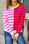 stylish slight stretch color-block stripe knitted long sleeve all-match sweater_Magenta