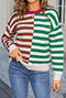 stylish slight stretch color-block stripe knitted long sleeve all-match sweater_Magenta_Green