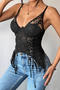 sexy slight stretch lace v-neck breathable padded tank top(with underwire)_Black