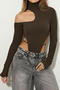 sexy slight stretch solid color irregular hollow high collar bodysuit_Black_Brown