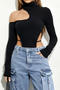 sexy slight stretch solid color irregular hollow high collar bodysuit_Black