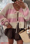 casual slight stretch contrast color all-match knitted lace-up cardigan_Black_Pink