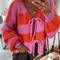 casual slight stretch contrast color all-match knitted lace-up cardigan_Black_Pink_Red_Orange