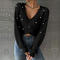 chic stylish slight stretch knitted 4 colors pearl decor v-neck sweater_Black