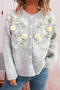 casual slight stretch jacquard flower decor all-match knitted cardigan_Gray