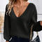stylish slight stretch knitted v-neck backless bow loose sweater_Black