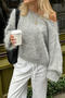 casual slight stretch new solid color imitation mink knitted sweater_White_Gray
