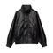 casual non-stretch pu stand collar solid color jacket_Black