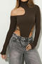 sexy slight stretch high collar solid color hollow bodysuit_Black_Brown