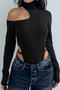 sexy slight stretch high collar solid color hollow bodysuit_Black