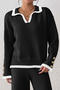 casual slight stretch color-block knitted button decor all-match sweater_Black