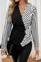 stylish non-stretch striped v-neck lace-up long sleeve blouse_Black