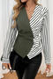 stylish non-stretch striped v-neck lace-up long sleeve blouse_Black_Dark Green