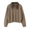 stylish stretch knitted pu stitching turndown collar sweater(size run small)_Beige_Brown