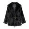 casual non-stretch fur lapel solid color with belt jacket_Black