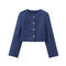 casual non-stretch solid color single-breasted jacquard crop outerwear_Black_White_Dark Blue