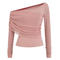 casual slight stretch off one shoulder solid color top(size run small)_Black_Pink