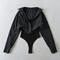 casual slight stretch lapel solid color bodysuit(size run small)_Black