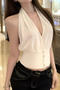 exquisite stretch solid color halter-neck padded tank top(size run small)_Black_Gray_Red_Beige