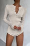 casual slight stretch solid color button crew neck bodysuit_Khaki