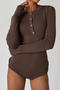 casual slight stretch solid color button crew neck bodysuit_Khaki _Brown