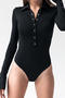 casual slight stretch 4 colors lapel solid color bodysuit_Black
