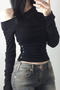 casual slight stretch one shoulder button decor top_Black