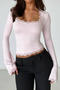 casual slight stretch lace trim square neck t-shirts_Black_Pink