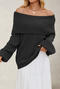 casual slight stretch solid color off-shoulder knitted loose sweater_Black