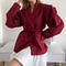 casual non-stretch solid color suit collar blazers(with belt&shoulder pads)_Pink_Rose Red