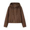 casual non-stretch solid color suede hooded zip-up outerwear_Khaki _Brown