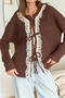 casual slight stretch lace splicing lace-up knitted cardigan_Beige_Brown