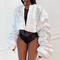 stylish plus size non-stretch printed crop pleated long-sleeved jacket_White