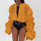 stylish plus size non-stretch printed crop pleated long-sleeved jacket_White_Deep Yellow