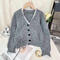 casual slight stretch lace splicing single-breasted knitted cardigan_Black_Gray