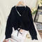 casual slight stretch lace splicing single-breasted knitted cardigan_Black